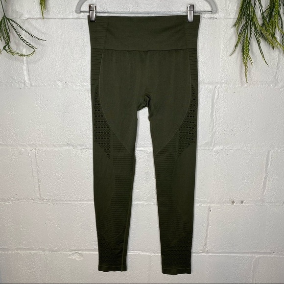 Olive Green Cut Out Perforated Workout Leggings Tights Size Small Medium - Picture 1 of 9